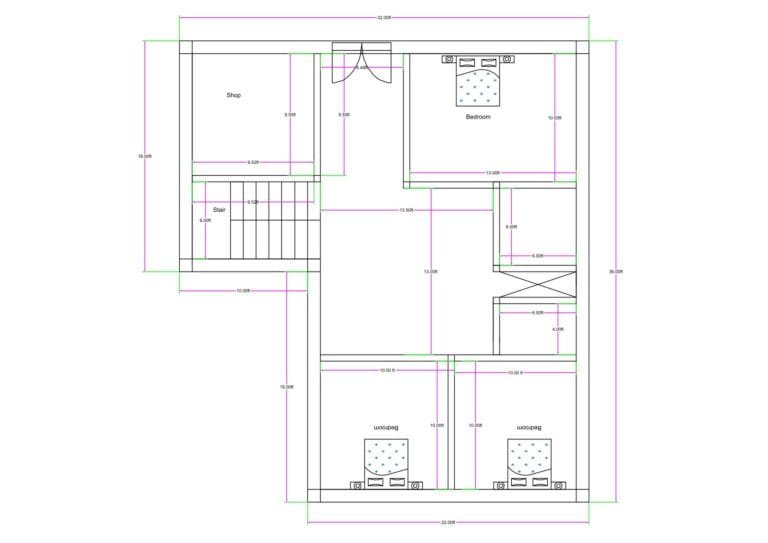 “3BHK house plan for a 30×40 plot (actual usable size: 32×36 ft) showing a front-side commercial shop, central staircase, one master bedroom, and two children’s bedrooms at the bottom. The layout includes a compact kitchen area, storage space, large central lobby, and efficient room alignment suitable for small-plot mixed-use residential plus commercial buildings.”