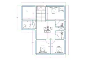 “Detailed 3BHK house plan for a 30×40 plot (actual drawing size: 32×36 ft) featuring three bedrooms, a centrally placed living area, compact kitchen, attached and common toilets, staircase at the top-center, and a front-side commercial shop space. The layout includes two symmetrical bedrooms at the front, one master bedroom at the top-right, and a dedicated shop unit with separate entry, making it ideal for mixed-use residential plus commercial construction on small plots.”