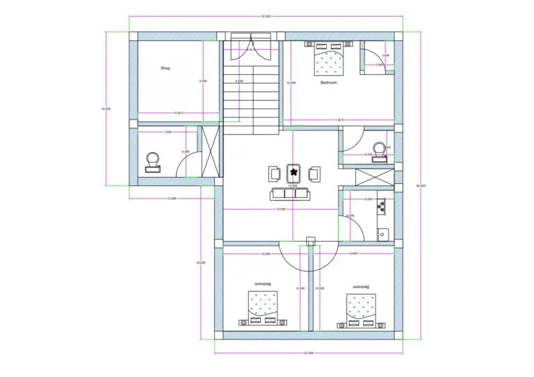 “Detailed 3BHK house plan for a 30×40 plot (actual drawing size: 32×36 ft) featuring three bedrooms, a centrally placed living area, compact kitchen, attached and common toilets, staircase at the top-center, and a front-side commercial shop space. The layout includes two symmetrical bedrooms at the front, one master bedroom at the top-right, and a dedicated shop unit with separate entry, making it ideal for mixed-use residential plus commercial construction on small plots.”