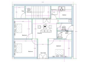 “Detailed 3BHK house plan for a 30×30 plot (actual drawing size: 32×32 ft) featuring three bedrooms, a central drawing room, modular kitchen, two toilets including a septic tank area, dedicated puja room, staircase with boring space below, and a front main gate entry. The layout shows strong ventilation, vastu-friendly room placement, and a compact yet efficient arrangement suitable for small plot construction.”