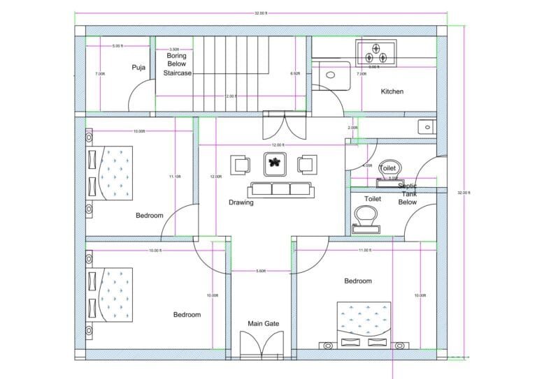 “Detailed 3BHK house plan for a 30×30 plot (actual drawing size: 32×32 ft) featuring three bedrooms, a central drawing room, modular kitchen, two toilets including a septic tank area, dedicated puja room, staircase with boring space below, and a front main gate entry. The layout shows strong ventilation, vastu-friendly room placement, and a compact yet efficient arrangement suitable for small plot construction.”