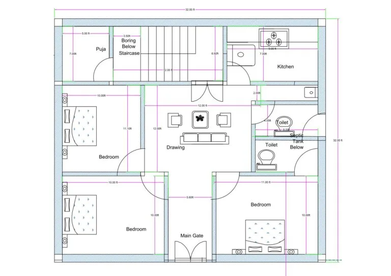 “Detailed 3BHK house plan for a 30×30 plot (actual drawing size: 32×32 ft) featuring three bedrooms, a central drawing room, modular kitchen, two toilets including a septic tank area, dedicated puja room, staircase with boring space below, and a front main gate entry. The layout shows strong ventilation, vastu-friendly room placement, and a compact yet efficient arrangement suitable for small plot construction.”