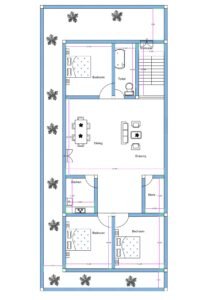 “Detailed 3BHK house plan for a 30×75 plot (actual drawing size: 32×75 ft) featuring three bedrooms, spacious combined drawing–dining hall, front-side bedroom with attached toilet, two rear bedrooms, modular kitchen, store room, centrally placed staircase, long setback areas on both sides, and landscaped open spaces. The plan shows efficient ventilation, long-plot circulation, and vastu-compliant room placement ideal for duplex or single-floor layouts.”