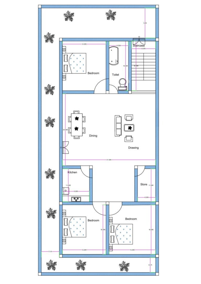 “Detailed 3BHK house plan for a 30×75 plot (actual drawing size: 32×75 ft) featuring three bedrooms, spacious combined drawing–dining hall, front-side bedroom with attached toilet, two rear bedrooms, modular kitchen, store room, centrally placed staircase, long setback areas on both sides, and landscaped open spaces. The plan shows efficient ventilation, long-plot circulation, and vastu-compliant room placement ideal for duplex or single-floor layouts.”