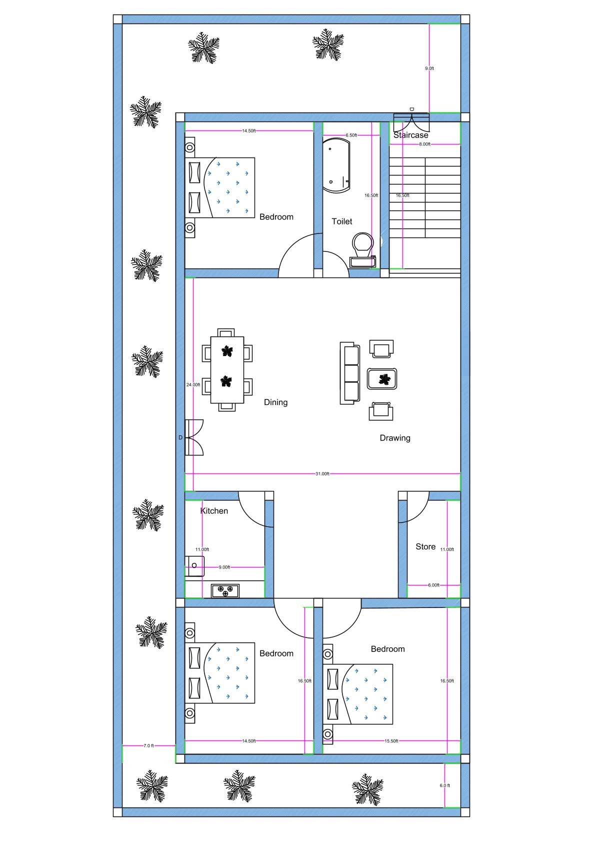 “Detailed 3BHK house plan for a 30×75 plot (actual drawing size: 32×75 ft) featuring three bedrooms, spacious combined drawing–dining hall, front-side bedroom with attached toilet, two rear bedrooms, modular kitchen, store room, centrally placed staircase, long setback areas on both sides, and landscaped open spaces. The plan shows efficient ventilation, long-plot circulation, and vastu-compliant room placement ideal for duplex or single-floor layouts.”