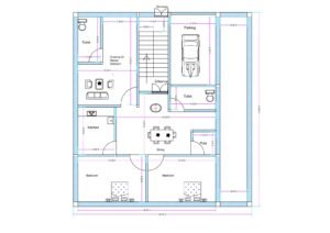“Detailed 3BHK house plan for a 35×45 plot (actual drawing size: 33.5×43 ft) featuring a spacious parking area, two bedrooms at the rear, a flexible drawing/bedroom at the front, dining space in the center, modular kitchen, two toilets, staircase positioned at the entrance, and a dedicated puja room. The layout ensures efficient ventilation, vastu-friendly planning, and practical use of every inch on a compact rectangular plot.”