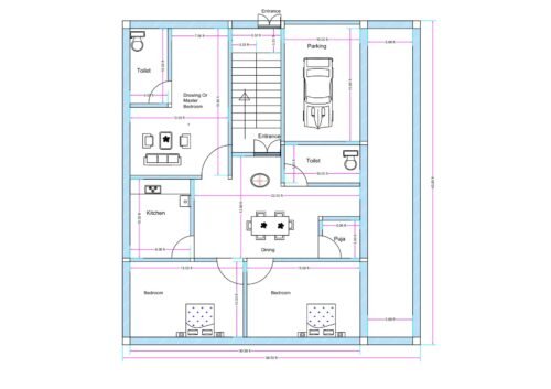 “Detailed 3BHK house plan for a 35×45 plot (actual drawing size: 33.5×43 ft) featuring a spacious parking area, two bedrooms at the rear, a flexible drawing/bedroom at the front, dining space in the center, modular kitchen, two toilets, staircase positioned at the entrance, and a dedicated puja room. The layout ensures efficient ventilation, vastu-friendly planning, and practical use of every inch on a compact rectangular plot.”