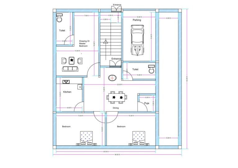 “Detailed 3BHK house plan for a 35×45 plot (actual drawing size: 33.5×43 ft) featuring a spacious parking area, two bedrooms at the rear, a flexible drawing/bedroom at the front, dining space in the center, modular kitchen, two toilets, staircase positioned at the entrance, and a dedicated puja room. The layout ensures efficient ventilation, vastu-friendly planning, and practical use of every inch on a compact rectangular plot.”