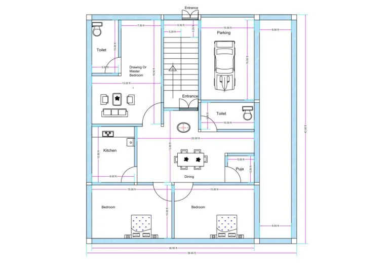 “Detailed 3BHK house plan for a 35×45 plot (actual drawing size: 33.5×43 ft) featuring a spacious parking area, two bedrooms at the rear, a flexible drawing/bedroom at the front, dining space in the center, modular kitchen, two toilets, staircase positioned at the entrance, and a dedicated puja room. The layout ensures efficient ventilation, vastu-friendly planning, and practical use of every inch on a compact rectangular plot.”