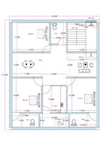 “Detailed 3BHK house plan for a 35×40 plot (actual drawing size: 33.83×41.5 ft) featuring three bedrooms, a central dining hall, front drawing room, modular kitchen, three separate toilets, staircase at the entrance, compact parking space, and ventilated room arrangement. The plan includes room dimensions like 14×11 ft, 13×11 ft, and 11×10 ft, with proper window placement, vastu-friendly layout, and efficient space utilization ideal for small-to-medium residential construction.”