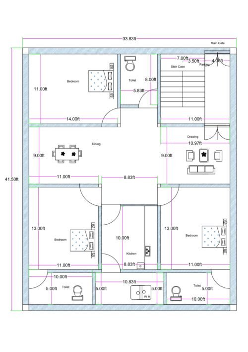 “Detailed 3BHK house plan for a 35×40 plot (actual drawing size: 33.83×41.5 ft) featuring three bedrooms, a central dining hall, front drawing room, modular kitchen, three separate toilets, staircase at the entrance, compact parking space, and ventilated room arrangement. The plan includes room dimensions like 14×11 ft, 13×11 ft, and 11×10 ft, with proper window placement, vastu-friendly layout, and efficient space utilization ideal for small-to-medium residential construction.”