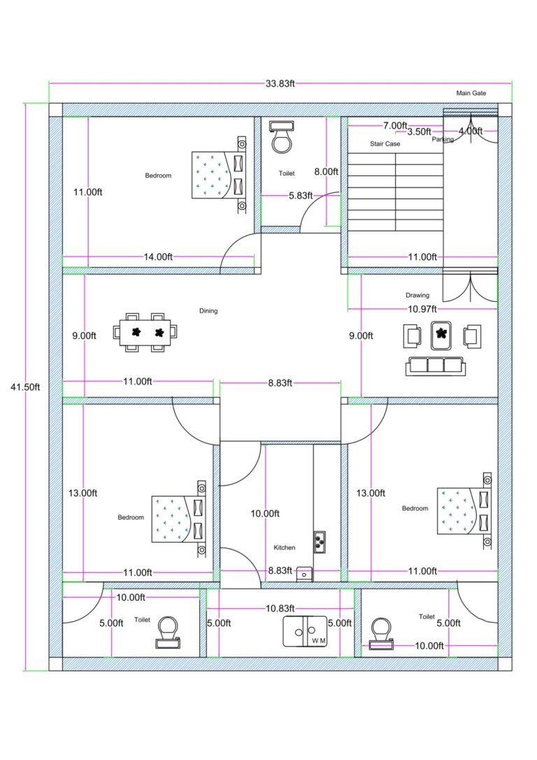 “Detailed 3BHK house plan for a 35×40 plot (actual drawing size: 33.83×41.5 ft) featuring three bedrooms, a central dining hall, front drawing room, modular kitchen, three separate toilets, staircase at the entrance, compact parking space, and ventilated room arrangement. The plan includes room dimensions like 14×11 ft, 13×11 ft, and 11×10 ft, with proper window placement, vastu-friendly layout, and efficient space utilization ideal for small-to-medium residential construction.”