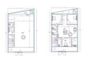 “Complete 3BHK duplex house plan for a 35×45 plot (actual size: 33.83×44 ft) showing ground floor with a large open hall, toilet, wash area, staircase, shop space, and first floor with three bedrooms, drawing area, dining space, kitchen, balcony, and two attached toilets. Includes proper room dimensions, vastu-friendly arrangement, and efficient ventilation for compact duplex design.”