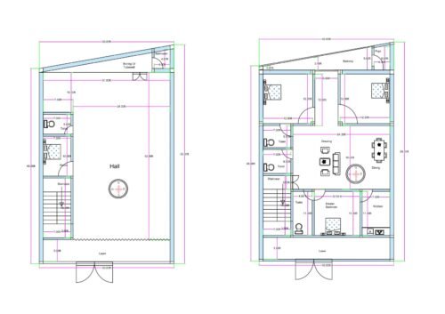 “Complete 3BHK duplex house plan for a 35×45 plot (actual size: 33.83×44 ft) showing ground floor with a large open hall, toilet, wash area, staircase, shop space, and first floor with three bedrooms, drawing area, dining space, kitchen, balcony, and two attached toilets. Includes proper room dimensions, vastu-friendly arrangement, and efficient ventilation for compact duplex design.”