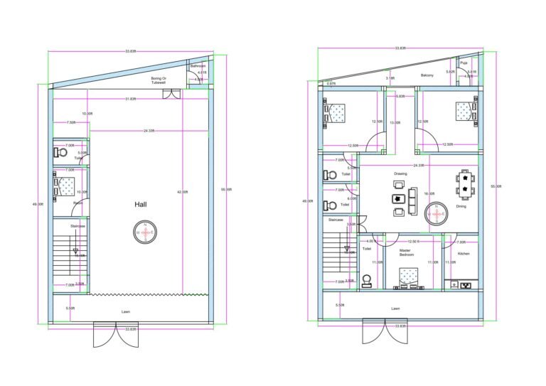 “Complete 3BHK duplex house plan for a 35×45 plot (actual size: 33.83×44 ft) showing ground floor with a large open hall, toilet, wash area, staircase, shop space, and first floor with three bedrooms, drawing area, dining space, kitchen, balcony, and two attached toilets. Includes proper room dimensions, vastu-friendly arrangement, and efficient ventilation for compact duplex design.”