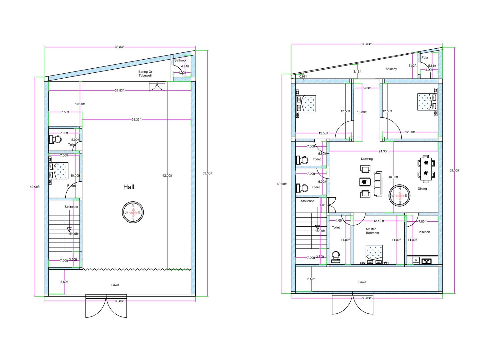 “Complete 3BHK duplex house plan for a 35×45 plot (actual size: 33.83×44 ft) showing ground floor with a large open hall, toilet, wash area, staircase, shop space, and first floor with three bedrooms, drawing area, dining space, kitchen, balcony, and two attached toilets. Includes proper room dimensions, vastu-friendly arrangement, and efficient ventilation for compact duplex design.”