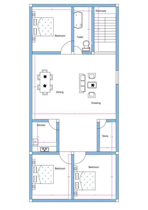 “Detailed 3BHK house plan for a 35×75 plot (actual drawing size: 33×73 ft) featuring a spacious front bedroom with attached toilet, centrally placed staircase, large combined dining and drawing hall, modular kitchen, dedicated store room, and two rear-side bedrooms. The design shows long-plot ventilation, vastu-friendly layout, efficient interior circulation, and properly dimensioned rooms suitable for duplex or single-floor construction on elongated rectangular plots.”