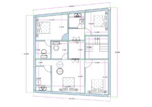 “Detailed 4BHK house plan for a 35×40 plot (actual drawing size: 34.25×39.25 ft) showing four bedrooms, central living space, dining area, staircase, two toilets, kitchen, and well-ventilated circulation zones. Includes bedroom dimensions like 14×10 ft, 11.4×10 ft, 15.4×10 ft, and 10.5×10 ft, with vastu-friendly planning and efficient use of a nearly square residential plot.”
