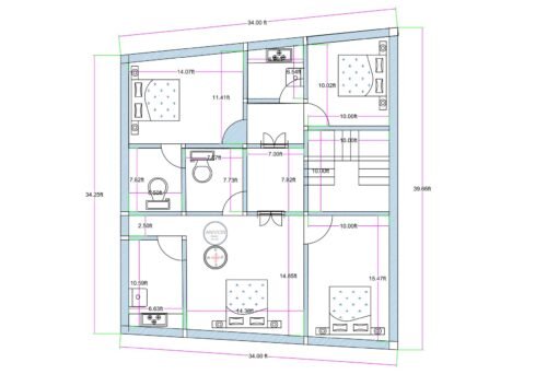 “Detailed 4BHK house plan for a 35×40 plot (actual drawing size: 34.25×39.25 ft) showing four bedrooms, central living space, dining area, staircase, two toilets, kitchen, and well-ventilated circulation zones. Includes bedroom dimensions like 14×10 ft, 11.4×10 ft, 15.4×10 ft, and 10.5×10 ft, with vastu-friendly planning and efficient use of a nearly square residential plot.”