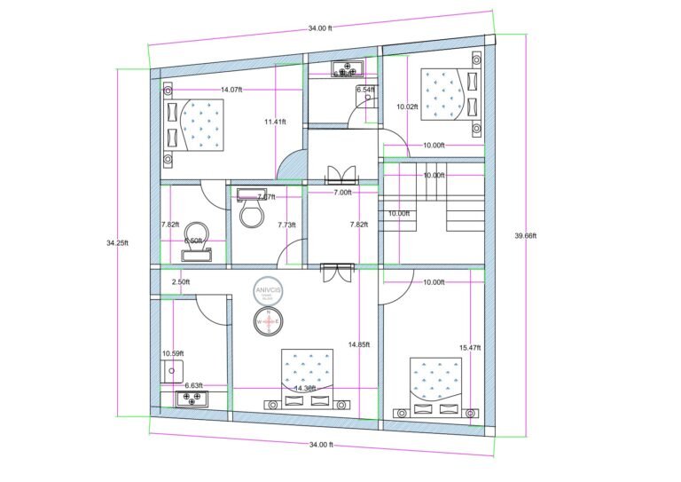 “Detailed 4BHK house plan for a 35×40 plot (actual drawing size: 34.25×39.25 ft) showing four bedrooms, central living space, dining area, staircase, two toilets, kitchen, and well-ventilated circulation zones. Includes bedroom dimensions like 14×10 ft, 11.4×10 ft, 15.4×10 ft, and 10.5×10 ft, with vastu-friendly planning and efficient use of a nearly square residential plot.”