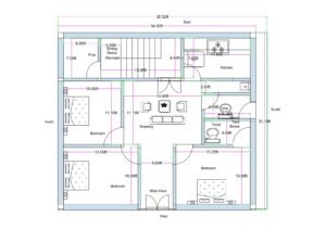 “Detailed 3BHK house plan for a 35×30 plot (actual size: 34.6×31.1 ft) showing three bedrooms, a central drawing room, dining space, compact modular kitchen, two toilets, dedicated puja room, main entrance, and a staircase with boring area below. The layout includes room dimensions such as 13×11 ft, 13×10 ft, and 11×10 ft, along with proper ventilation, vastu-friendly planning, and efficient compact-plot utilization ideal for small residential homes.”