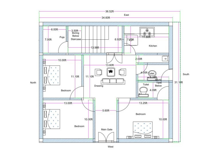 “Detailed 3BHK house plan for a 35×30 plot (actual size: 34.6×31.1 ft) showing three bedrooms, a central drawing room, dining space, compact modular kitchen, two toilets, dedicated puja room, main entrance, and a staircase with boring area below. The layout includes room dimensions such as 13×11 ft, 13×10 ft, and 11×10 ft, along with proper ventilation, vastu-friendly planning, and efficient compact-plot utilization ideal for small residential homes.”