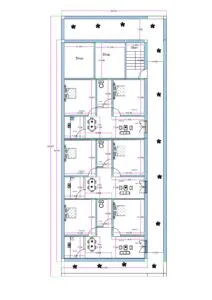 “Detailed multi-unit residential house plan for a 35×85 plot (actual size: 35.5×88 ft) featuring two commercial shops at the front, a staircase on the right side, and multiple 2BHK rental units arranged in a vertical layout. Each unit includes a bedroom, living room, kitchen, dining space, and toilet. The plan shows proper ventilation on all sides, long rectangular plot utilization, symmetrical planning, and efficient design ideal for rental income homes, PGs, or multi-family accommodations.”