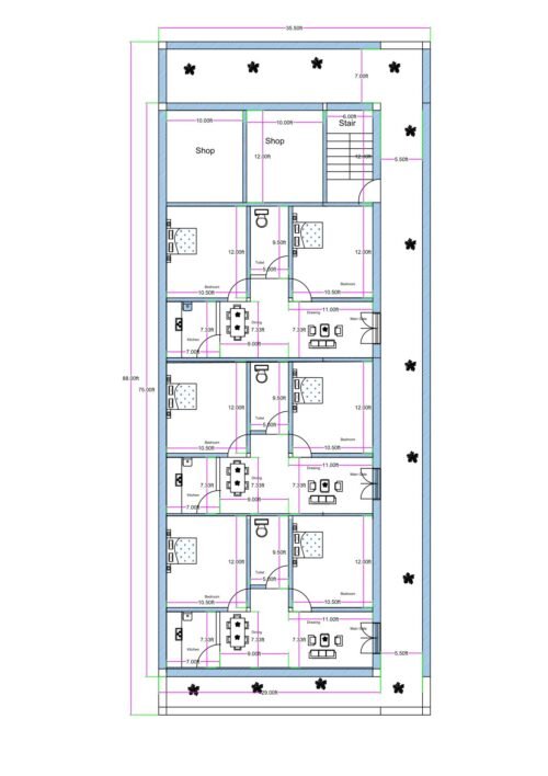 “Detailed multi-unit residential house plan for a 35×85 plot (actual size: 35.5×88 ft) featuring two commercial shops at the front, a staircase on the right side, and multiple 2BHK rental units arranged in a vertical layout. Each unit includes a bedroom, living room, kitchen, dining space, and toilet. The plan shows proper ventilation on all sides, long rectangular plot utilization, symmetrical planning, and efficient design ideal for rental income homes, PGs, or multi-family accommodations.”