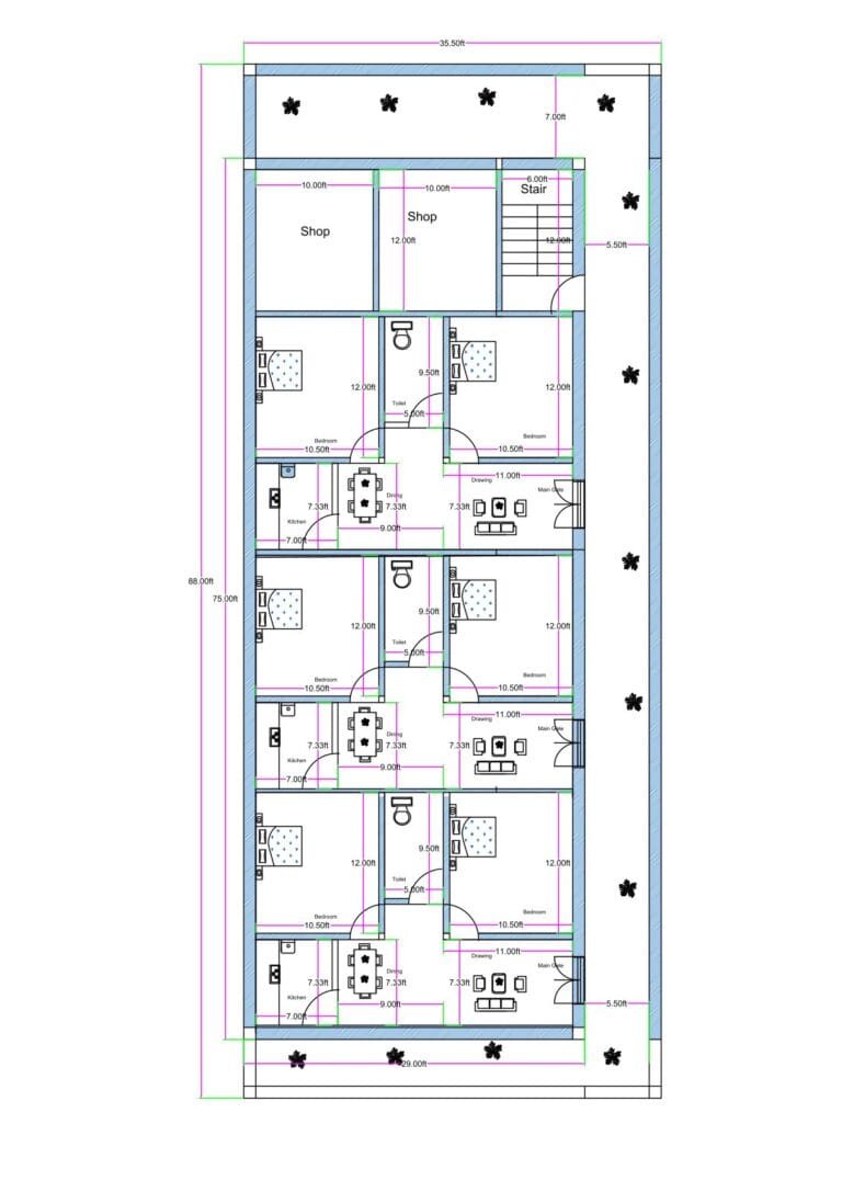 “Detailed multi-unit residential house plan for a 35×85 plot (actual size: 35.5×88 ft) featuring two commercial shops at the front, a staircase on the right side, and multiple 2BHK rental units arranged in a vertical layout. Each unit includes a bedroom, living room, kitchen, dining space, and toilet. The plan shows proper ventilation on all sides, long rectangular plot utilization, symmetrical planning, and efficient design ideal for rental income homes, PGs, or multi-family accommodations.”