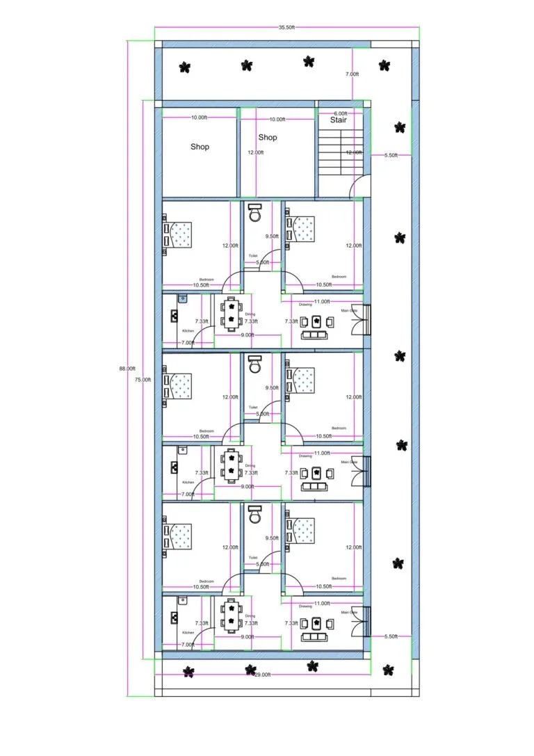 “Detailed multi-unit residential house plan for a 35×85 plot (actual size: 35.5×88 ft) featuring two commercial shops at the front, a staircase on the right side, and multiple 2BHK rental units arranged in a vertical layout. Each unit includes a bedroom, living room, kitchen, dining space, and toilet. The plan shows proper ventilation on all sides, long rectangular plot utilization, symmetrical planning, and efficient design ideal for rental income homes, PGs, or multi-family accommodations.”