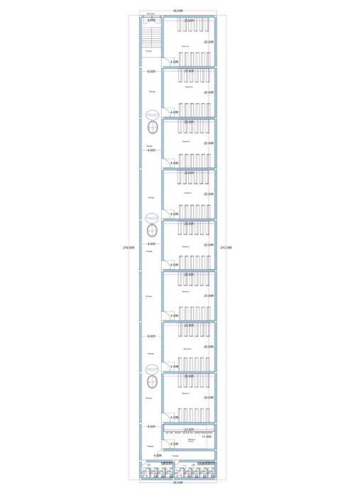 “Detailed school building floor plan for a 35×210 plot (actual size: 35×210 ft) showing multiple 22×8 ft classrooms arranged in a linear layout, wide corridor on the right side, staircase at the front, toilet blocks, staff area, principal and cashier room, and separate sections for entrance and administration. The plan shows long-plot institutional design with efficient circulation, ventilation shafts, and classroom repetition ideal for high-capacity schools.”