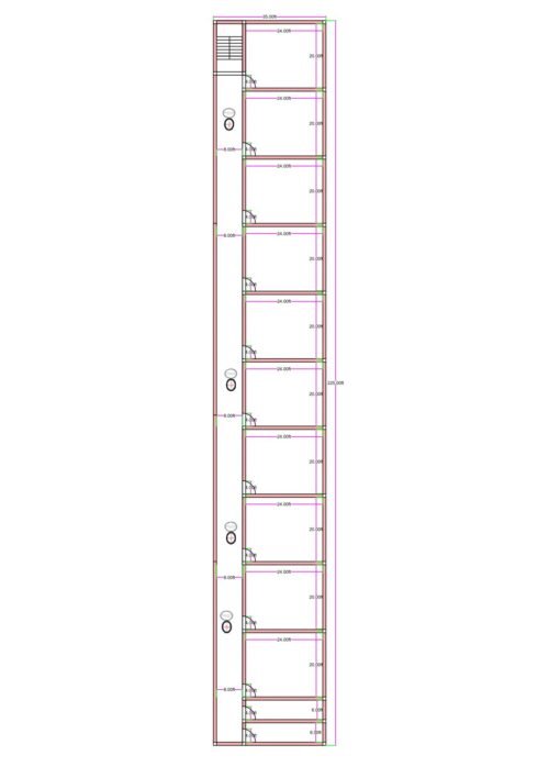 “Detailed institute building plan for a 35×225 plot (actual size: 35×225 ft) showing multiple 24 ft long classrooms arranged in a vertical linear sequence, wide corridor, staircase at the top, toilet blocks placed at intervals, and repeated classroom layout ideal for training centers, coaching institutes, or academic institutions requiring high-capacity classroom blocks on long plots.”