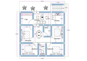 “Detailed 4-bedroom house plan for a 35×35 plot (actual size: 35×41 ft) featuring four bedrooms, one central drawing room, a spacious dining area, modular kitchen, puja room, store room, toilet, and staircase at the top-right corner. The layout includes room sizes such as 13×9 ft, 9×9 ft, and 13×10 ft, designed with proper ventilation, vastu-friendly placement, and efficient square-plot planning suitable for compact family homes.”