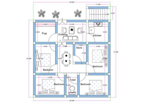 “Detailed 4-bedroom house plan for a 35×35 plot (actual size: 35×41 ft) featuring four bedrooms, one central drawing room, a spacious dining area, modular kitchen, puja room, store room, toilet, and staircase at the top-right corner. The layout includes room sizes such as 13×9 ft, 9×9 ft, and 13×10 ft, designed with proper ventilation, vastu-friendly placement, and efficient square-plot planning suitable for compact family homes.”