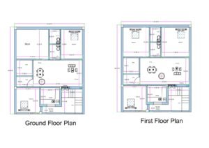 “Detailed 3BHK duplex house plan for a 35×40 plot (actual size: 35×40 ft) showing both ground floor and first floor layouts, including multiple bedrooms, drawing–dining area, store room, kitchen, two toilets, staircase, and well-ventilated circulation spaces. The design includes proper room dimensions, vastu-friendly layout, symmetrical planning, and efficient space utilization for modern duplex homes.”