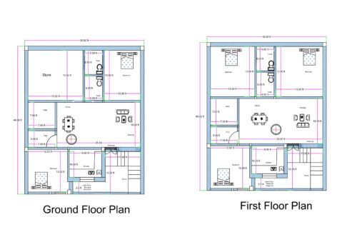 “Detailed 3BHK duplex house plan for a 35×40 plot (actual size: 35×40 ft) showing both ground floor and first floor layouts, including multiple bedrooms, drawing–dining area, store room, kitchen, two toilets, staircase, and well-ventilated circulation spaces. The design includes proper room dimensions, vastu-friendly layout, symmetrical planning, and efficient space utilization for modern duplex homes.”