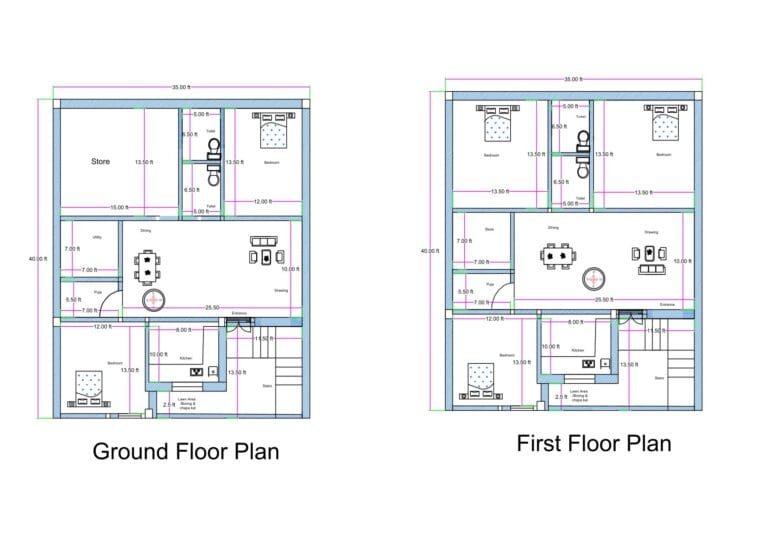 “Detailed 3BHK duplex house plan for a 35×40 plot (actual size: 35×40 ft) showing both ground floor and first floor layouts, including multiple bedrooms, drawing–dining area, store room, kitchen, two toilets, staircase, and well-ventilated circulation spaces. The design includes proper room dimensions, vastu-friendly layout, symmetrical planning, and efficient space utilization for modern duplex homes.”