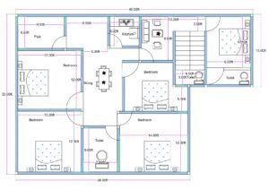 “Detailed 5BHK house plan for a 40×50 plot (actual size: 36×49 ft) showing five bedrooms, dining hall, drawing/living room, modular kitchen, two toilets, puja room, and staircase. Includes bedroom dimensions such as 14×12 ft, 13×12 ft, 12×12 ft, and 10.5×9 ft with a spacious central dining layout, vastu-friendly placement, and efficient circulation ideal for large families.”