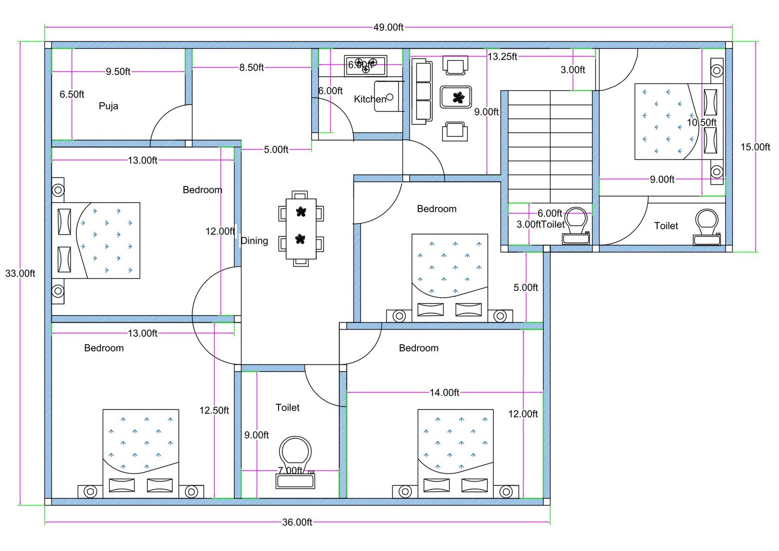 “Detailed 5BHK house plan for a 40×50 plot (actual size: 36×49 ft) showing five bedrooms, dining hall, drawing/living room, modular kitchen, two toilets, puja room, and staircase. Includes bedroom dimensions such as 14×12 ft, 13×12 ft, 12×12 ft, and 10.5×9 ft with a spacious central dining layout, vastu-friendly placement, and efficient circulation ideal for large families.”
