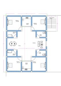 36x50 luxury 4BHK house plan with 4 toilets, 4 bathrooms, two kitchens, large drawing and dining hall, front lawn with staircase, convertible into two 2BHK units.