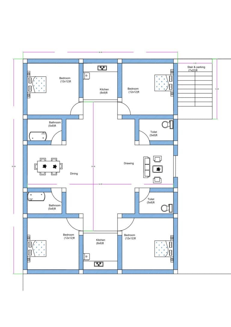 36x50 luxury 4BHK house plan with 4 toilets, 4 bathrooms, two kitchens, large drawing and dining hall, front lawn with staircase, convertible into two 2BHK units.