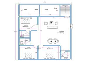 “Detailed 3BHK house plan with 2–3 shops for a 40×40 plot (actual size: 37.6×39.7 ft) featuring three bedrooms, master bedroom with attached toilet, drawing-cum-dining hall, modular kitchen, two common toilets, staircase access, and three front commercial shops. Includes proper room dimensions like 15×11 ft bedroom, 12.5×11 ft bedroom, and 18×15 ft living–dining area with vastu-friendly design and efficient commercial + residential layout.”