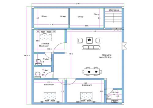 “Detailed 3BHK house plan with 2–3 shops for a 40×40 plot (actual size: 37.6×39.7 ft) featuring three bedrooms, master bedroom with attached toilet, drawing-cum-dining hall, modular kitchen, two common toilets, staircase access, and three front commercial shops. Includes proper room dimensions like 15×11 ft bedroom, 12.5×11 ft bedroom, and 18×15 ft living–dining area with vastu-friendly design and efficient commercial + residential layout.”