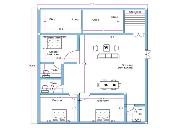 “Detailed 3BHK house plan with 2–3 shops for a 40×40 plot (actual size: 37.6×39.7 ft) featuring three bedrooms, master bedroom with attached toilet, drawing-cum-dining hall, modular kitchen, two common toilets, staircase access, and three front commercial shops. Includes proper room dimensions like 15×11 ft bedroom, 12.5×11 ft bedroom, and 18×15 ft living–dining area with vastu-friendly design and efficient commercial + residential layout.”