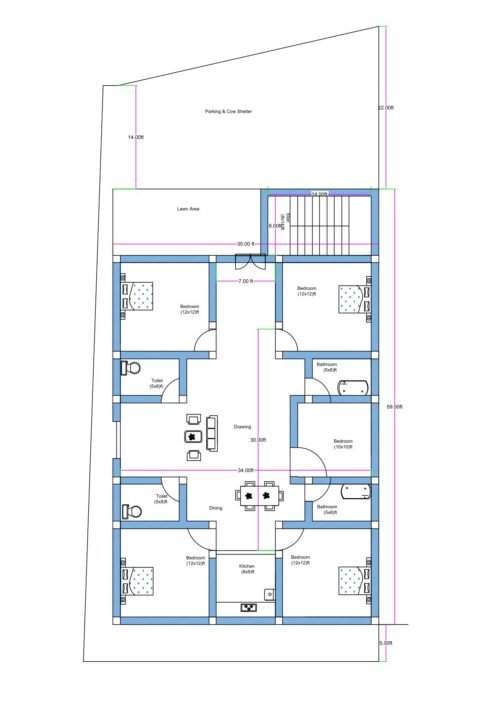 “Detailed 5BHK house plan for a 40×80 plot (actual size: 37×77 ft) featuring five bedrooms, multiple attached bathrooms, central drawing and dining areas, modular kitchen, lawn area, parking and cow shelter space, staircase zone, and properly ventilated room distribution. Includes bedroom dimensions like 12×12 ft, 13×10 ft, and 12×13 ft with structural alignment suitable for irregular-shaped plots.”