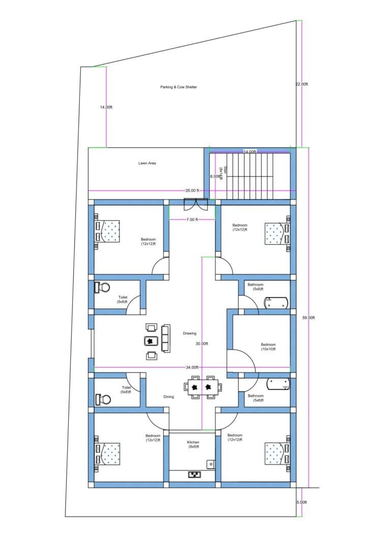 “Detailed 5BHK house plan for a 40×80 plot (actual size: 37×77 ft) featuring five bedrooms, multiple attached bathrooms, central drawing and dining areas, modular kitchen, lawn area, parking and cow shelter space, staircase zone, and properly ventilated room distribution. Includes bedroom dimensions like 12×12 ft, 13×10 ft, and 12×13 ft with structural alignment suitable for irregular-shaped plots.”
