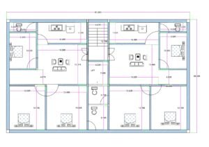 “Detailed 6-bedroom (3BHK + 3BHK) twin-unit house plan for a 40×60 plot (actual size: 38.3×61.6 ft) featuring two symmetrical 3BHK units with individual living rooms, dining areas, kitchens, multiple toilets, balcony/wash areas, and a central staircase with lift access. Each unit includes spacious bedrooms measuring 14.75×12 ft, 12×9 ft, and 13.6×12 ft, along with well-planned ventilation and a structurally efficient layout designed for rental income, joint-family living, or multi-floor construction.”