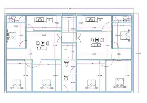 “Detailed 6-bedroom (3BHK + 3BHK) twin-unit house plan for a 40×60 plot (actual size: 38.3×61.6 ft) featuring two symmetrical 3BHK units with individual living rooms, dining areas, kitchens, multiple toilets, balcony/wash areas, and a central staircase with lift access. Each unit includes spacious bedrooms measuring 14.75×12 ft, 12×9 ft, and 13.6×12 ft, along with well-planned ventilation and a structurally efficient layout designed for rental income, joint-family living, or multi-floor construction.”