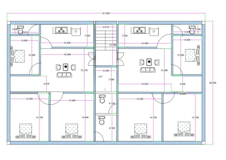 “Detailed 6-bedroom (3BHK + 3BHK) twin-unit house plan for a 40×60 plot (actual size: 38.3×61.6 ft) featuring two symmetrical 3BHK units with individual living rooms, dining areas, kitchens, multiple toilets, balcony/wash areas, and a central staircase with lift access. Each unit includes spacious bedrooms measuring 14.75×12 ft, 12×9 ft, and 13.6×12 ft, along with well-planned ventilation and a structurally efficient layout designed for rental income, joint-family living, or multi-floor construction.”