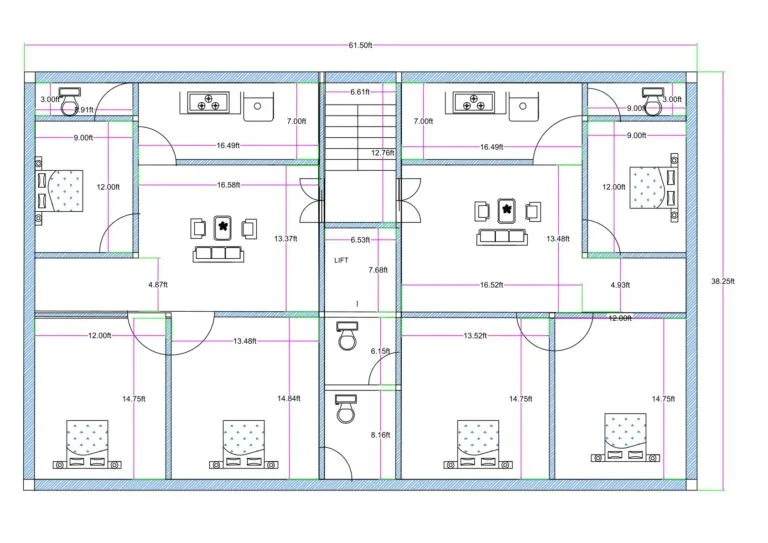 “Detailed 6-bedroom (3BHK + 3BHK) twin-unit house plan for a 40×60 plot (actual size: 38.3×61.6 ft) featuring two symmetrical 3BHK units with individual living rooms, dining areas, kitchens, multiple toilets, balcony/wash areas, and a central staircase with lift access. Each unit includes spacious bedrooms measuring 14.75×12 ft, 12×9 ft, and 13.6×12 ft, along with well-planned ventilation and a structurally efficient layout designed for rental income, joint-family living, or multi-floor construction.”